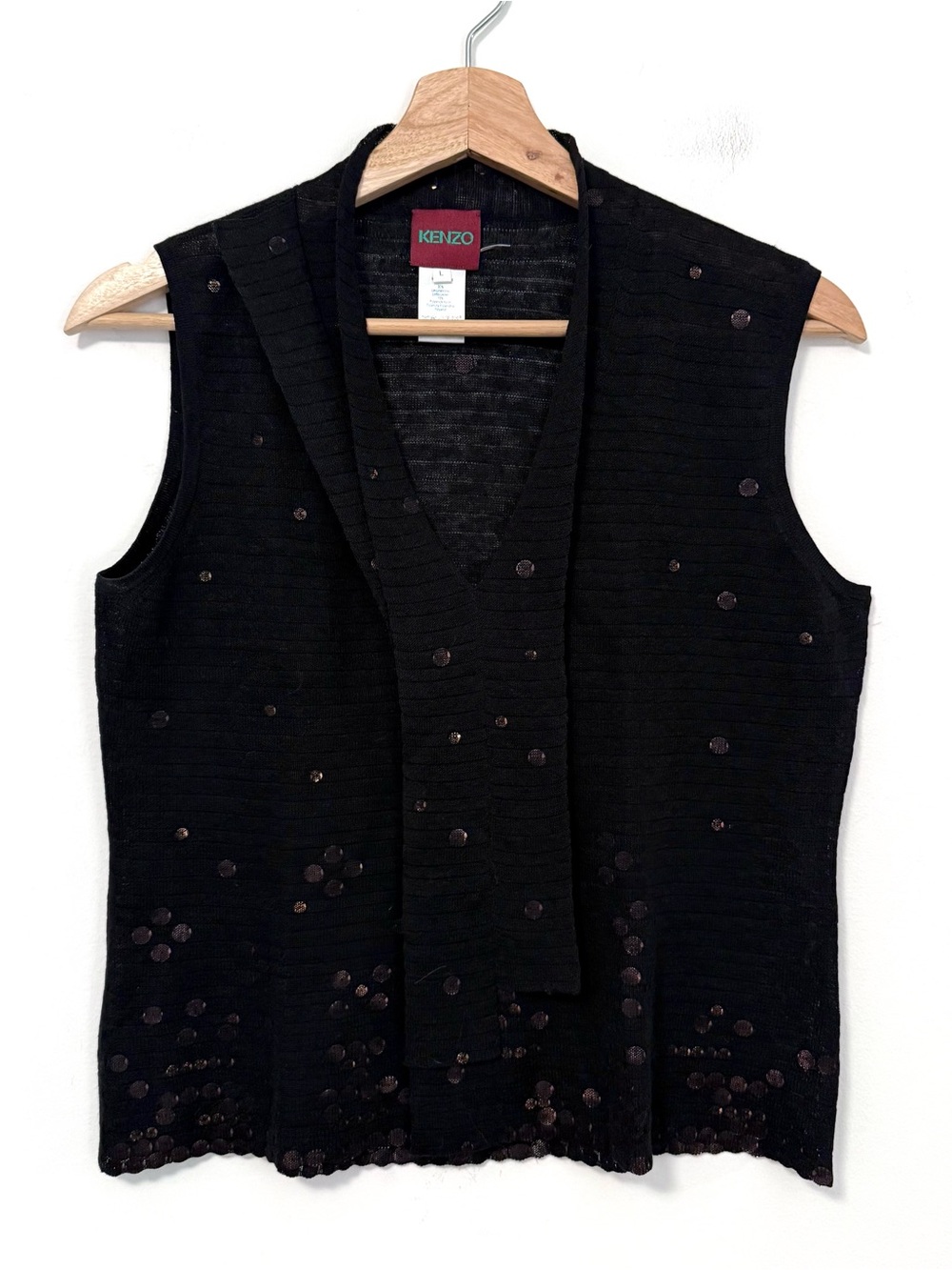 KENZO Black Linen Blend Vest Size L Metallic Dot Open Front Sleeveless Cardigan